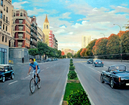 Alcalá con Retiro - Óleo sobre tabla - 140x65 cm - 2010 - Serie Paisajes de Madrid - Matute Art