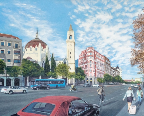 Calle Alcalá con Lagasca - Óleo sobre lienzo - 148x75 cm - 2010 - Serie Paisajes de Madrid - Matute Art