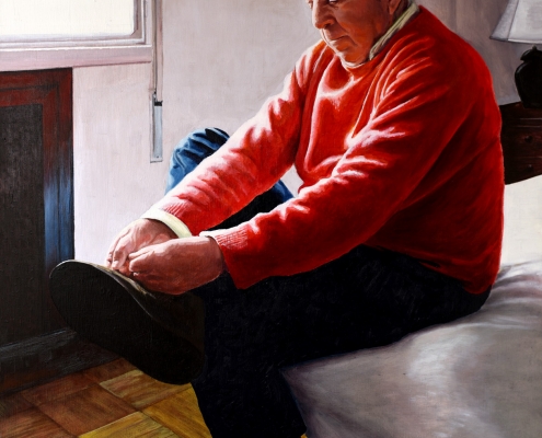 Mi padre atándose los cordones - Óleo sobre tabla - 60x80 - 2008 - Retratos - Matute Art