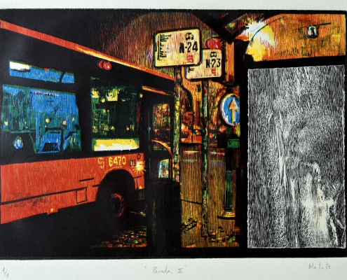 Parada del Nocturno 2 - Cuatro maderas de contrachapado estampadas sobre papel Súper Alfa - Papel 50x 70 cm - Mancha 41 x 80 cm - 2004 - Matute Art