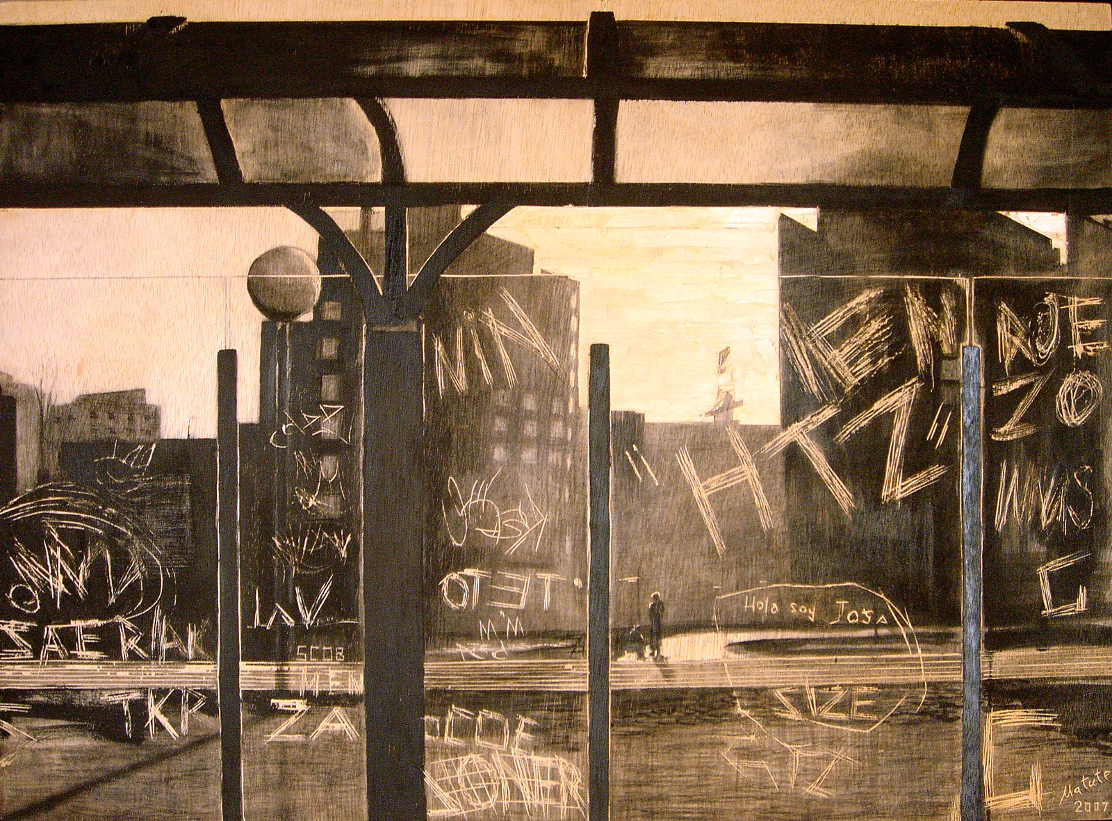 Parada de autobús a contraluz - Lápiz Conté, carboncillo y tinta china sobre madera de contrachapado tallada - 70x50 cm - 2007 - Matute Art